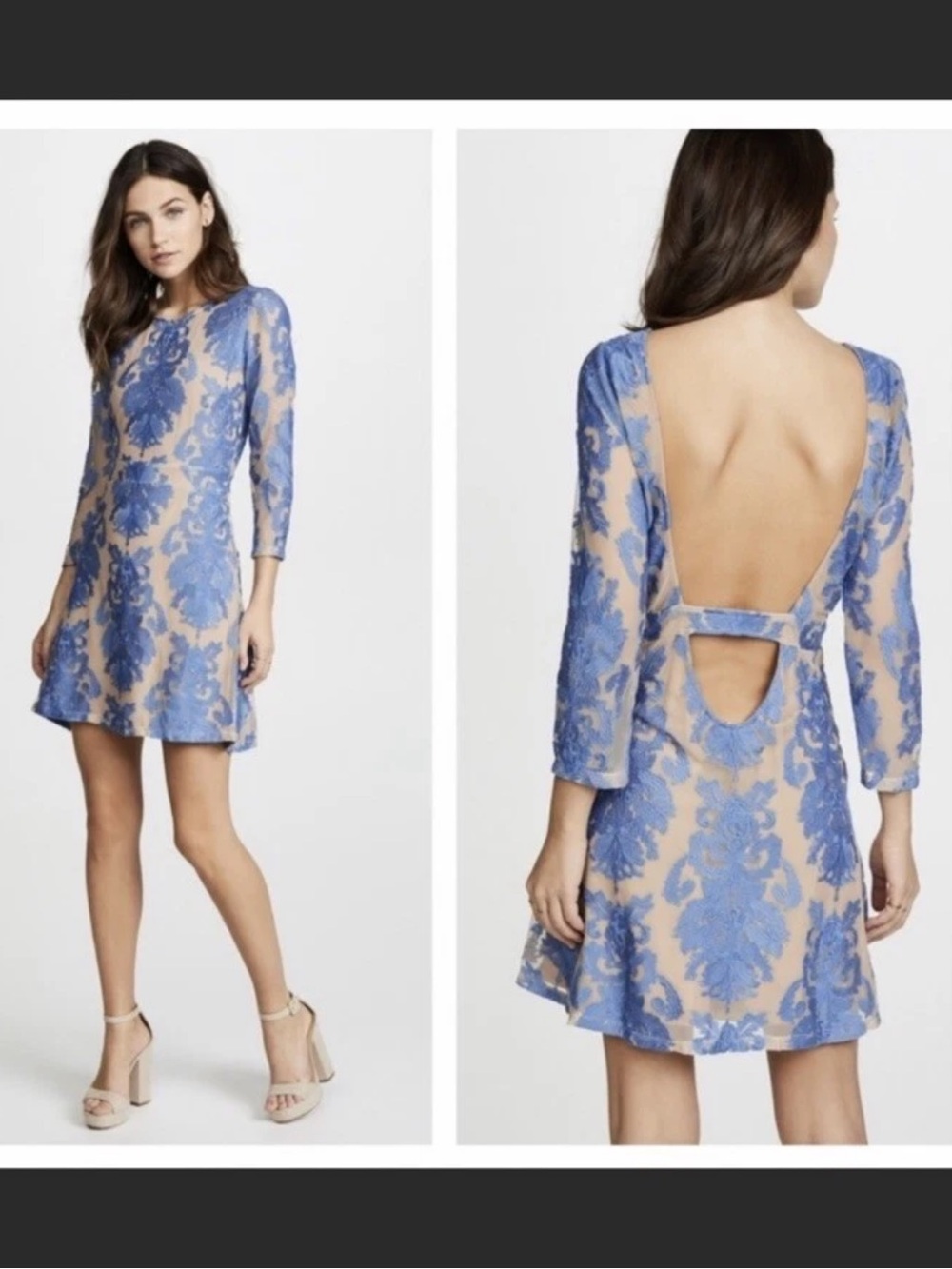 For Love and Lemons Light Blue Night to Remember Floral Lace Open-Back Dress S
